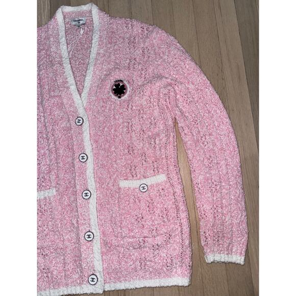 Chanel 24P Pink White Knit Boucle CC Logo Button Long Sleeve Cardigan Sweater 36 - Picture 6 of 16